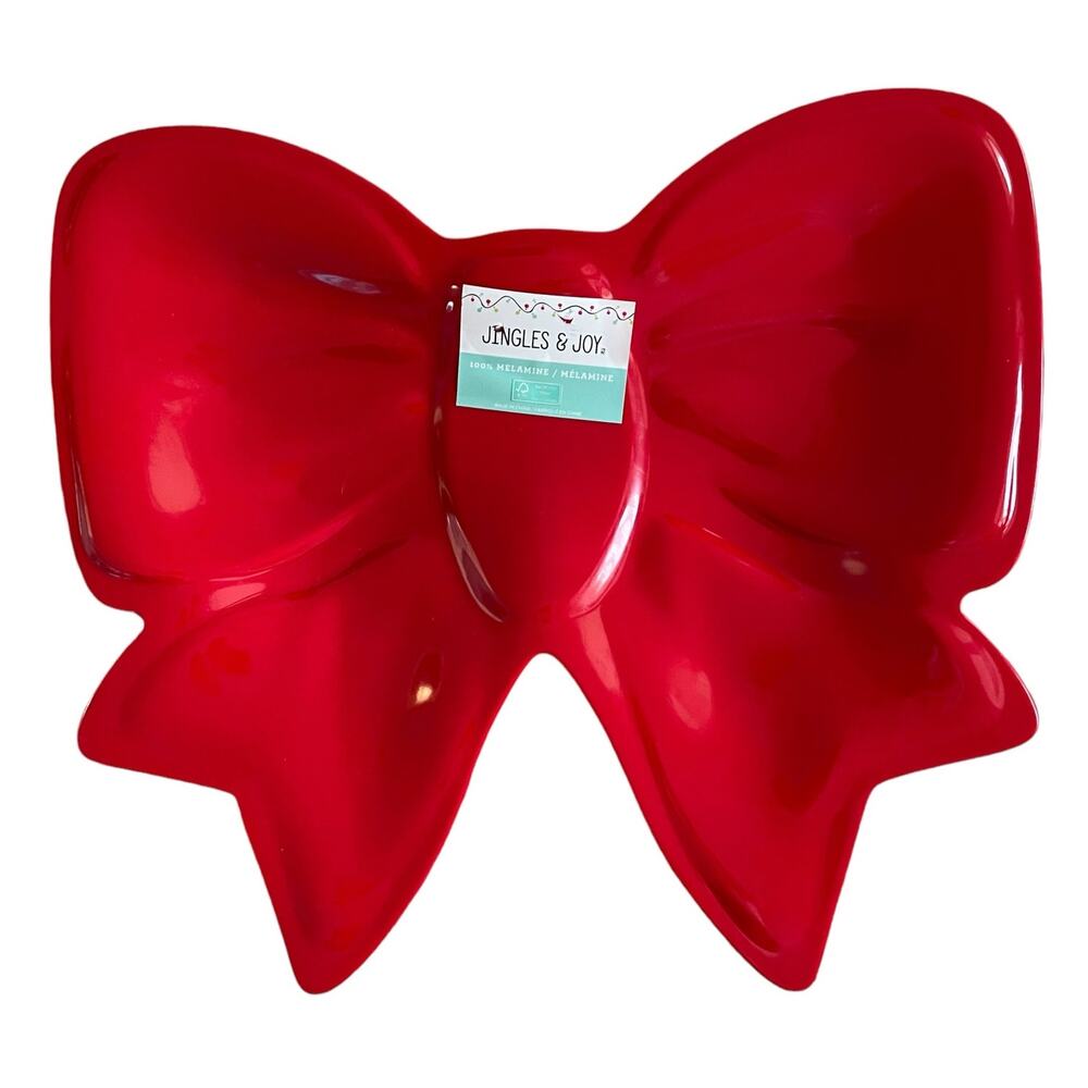 Jingles & Joy Red Bow Shaped Platter 17in x16in Melamine Holiday Glam New
